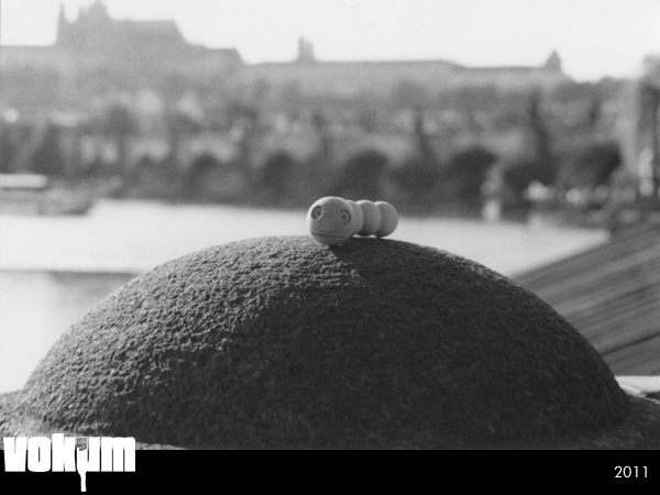 Wooden apple grub in Prague on the top of a concrete fence post (only top is visible) in the background heavily blurred the Charles Bridge (Czech: Karlův most)
Photo is in black and white