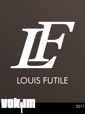 Brown background with white font. On top two letters: LF. Slide onto each other. Below that the words: Louis Futile.
At the bottom de logo of VOK'UM and "2011"